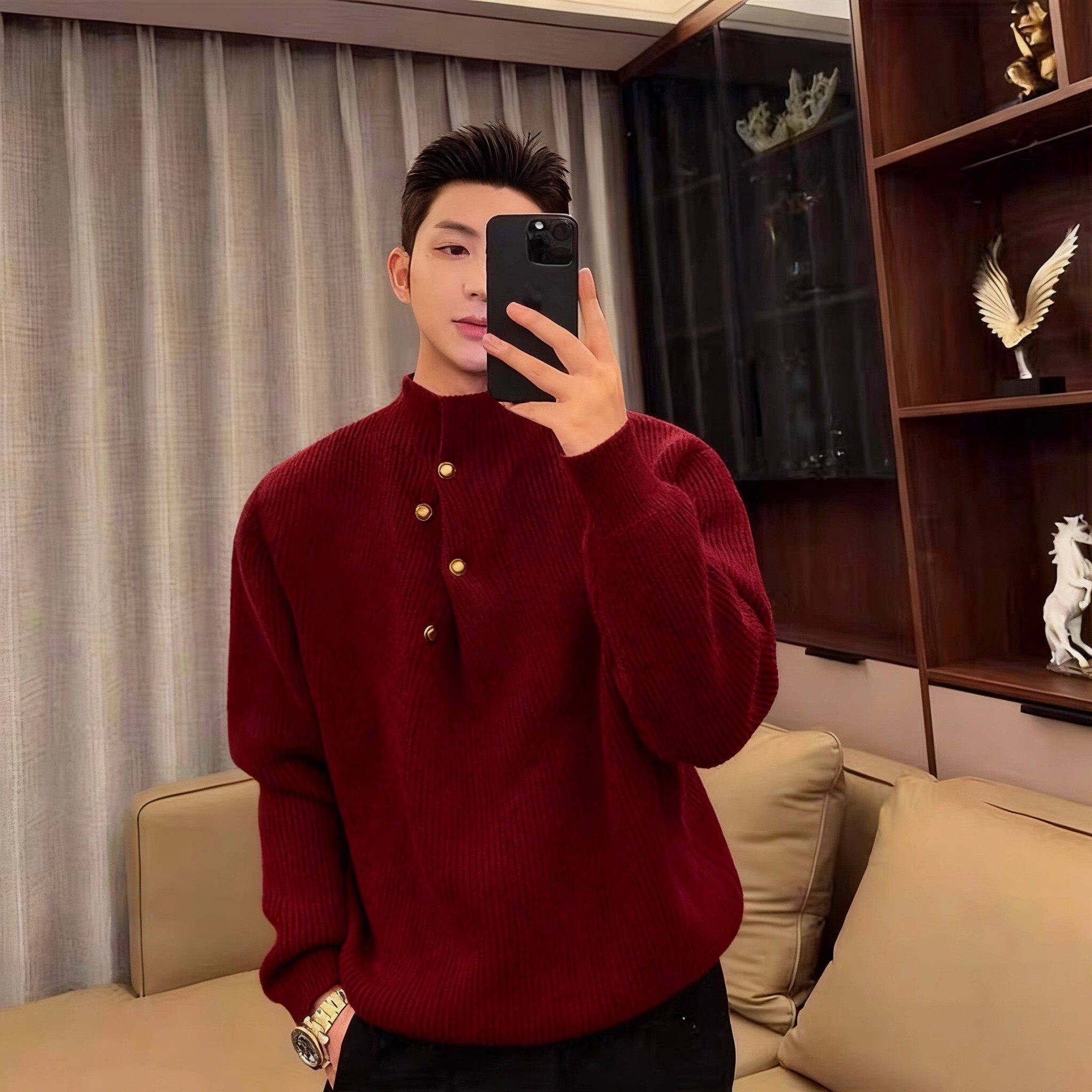 仓树一石慵懒风红色立领毛衣男2025冬季新款宽松高级感休闲针织衫