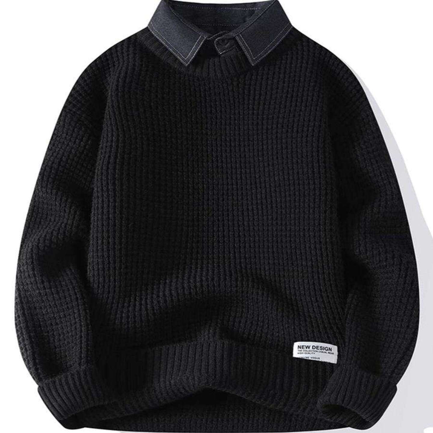 仓树一石潮牌假两件毛衣男冬季加厚宽松百搭衬衫领针织衫休闲外套