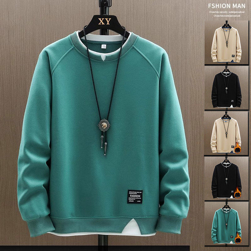 仓树一石纯棉圆领卫衣男生假两件春秋季新款潮牌冬季加绒长袖t恤