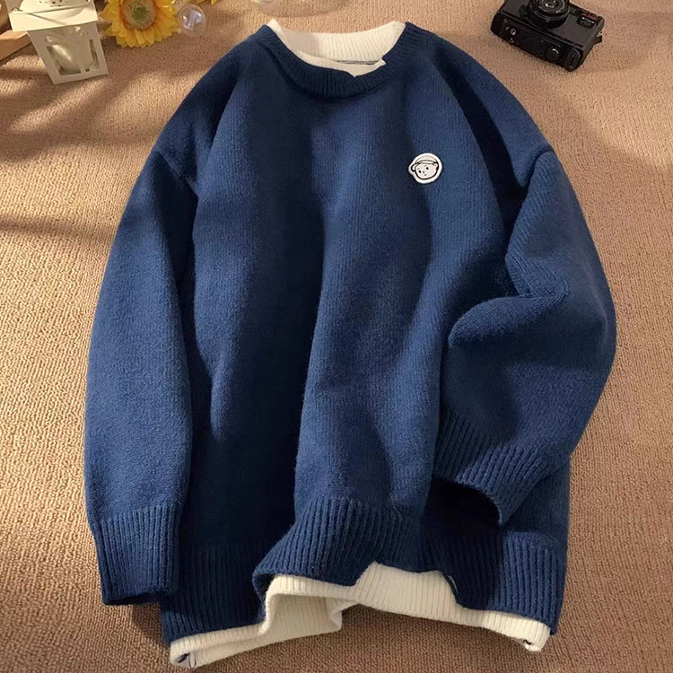 仓树一石潮牌假两件圆领针织毛衣男秋冬款美式复古情侣装宽松上衣