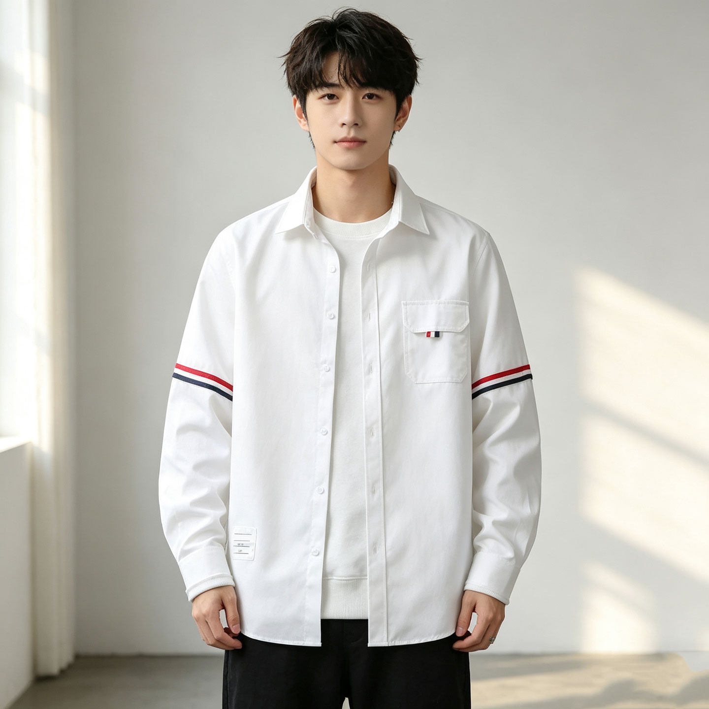 仓树一石潮牌白色翻领长袖衬衫男秋季设计感时尚两条杠休闲衬衣