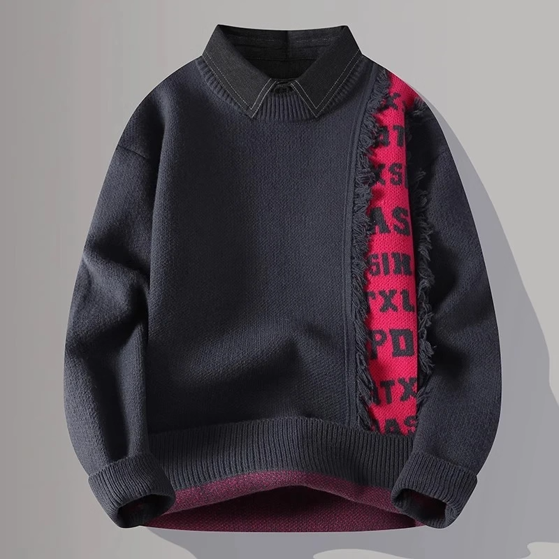 仓树一石潮牌复古衬衫领假两件毛衣男士秋冬季新款宽松休闲针织衫