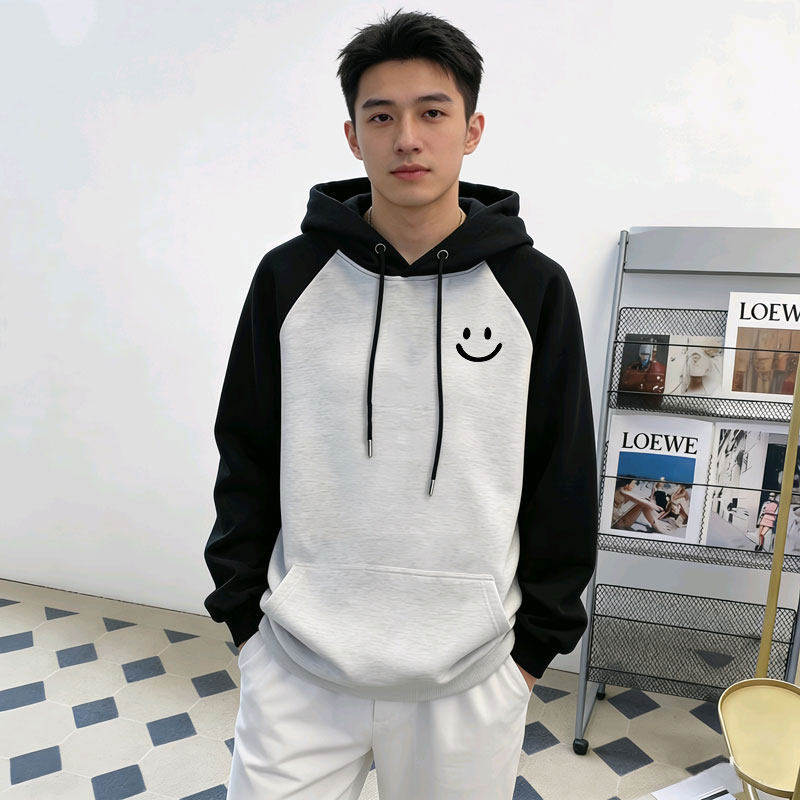 仓树一石连帽卫衣男女同款2026春季纯棉撞色笑脸宽松上衣外套薄款