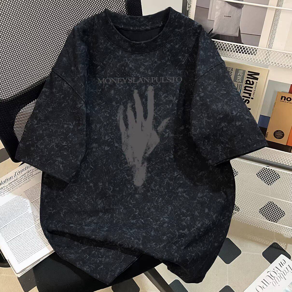 仓树一石美式蜡染百搭短袖t恤男装夏季重磅260G痞帅圆领半袖上衣