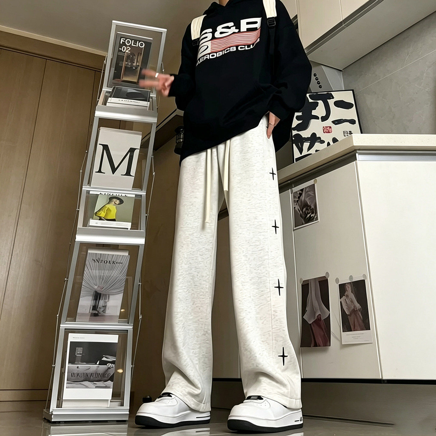 仓树一石美式星星裤子男春秋季嘻哈街舞卫裤直筒垂感阔腿运动长裤