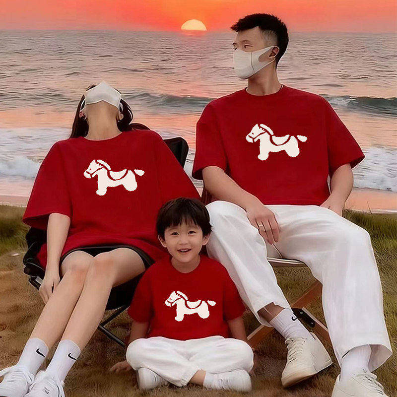 仓树一石2026新款夏男士马年红色本命年衣服拜年短袖t恤情侣上衣