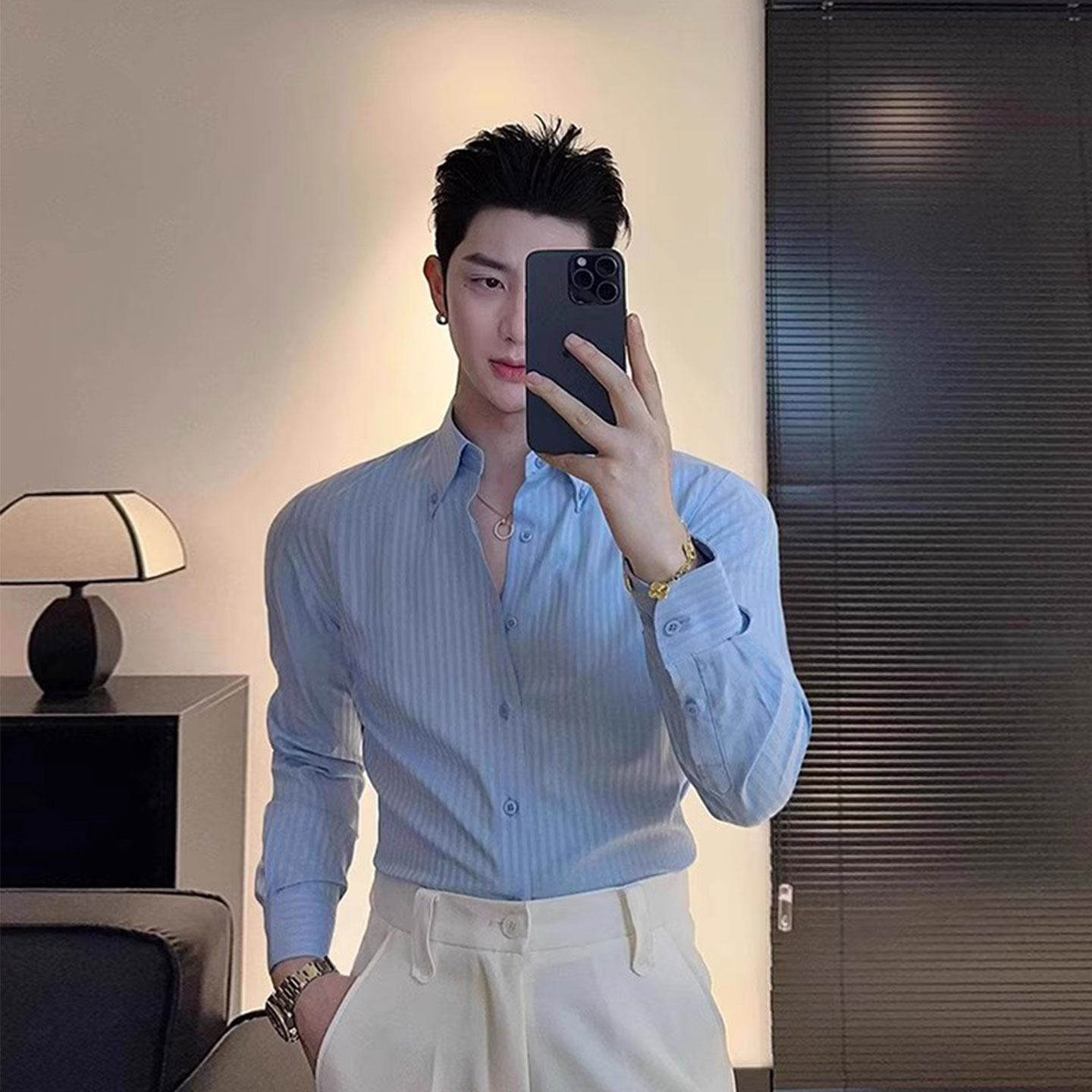 仓树一石商务高端条纹长袖衬衫男士2025秋季新款法式领高级感男装