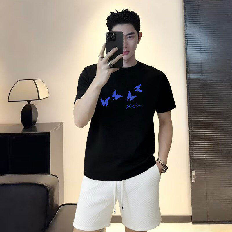 仓树一石潮牌小众设计蝴蝶印花男女款短袖夏季款潮流时尚休闲t恤