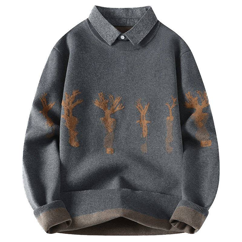 仓树一石潮牌假两件针织衫毛线衣男士秋季新款高品质毛衣亲肤有型