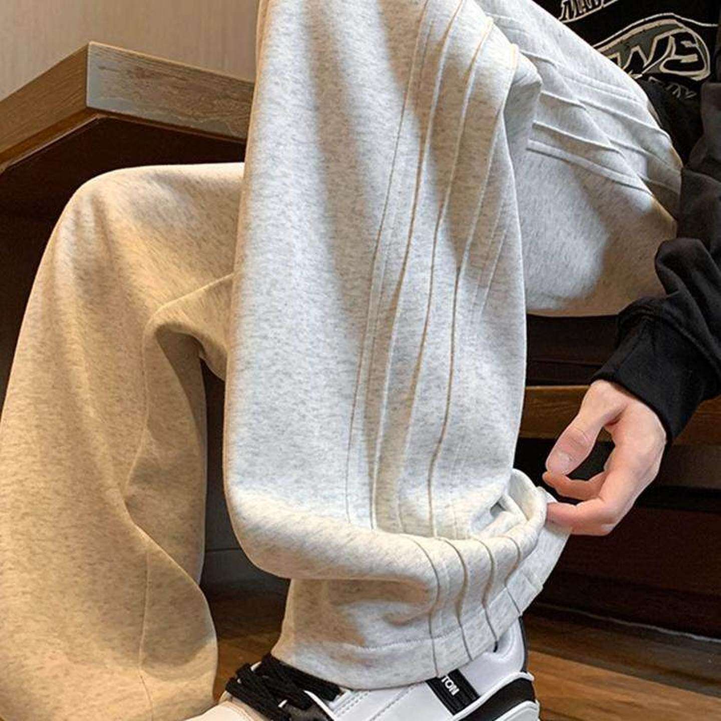 仓树一石潮牌灰色卫裤男秋冬季宽松直筒运动裤加绒加厚休闲长裤子