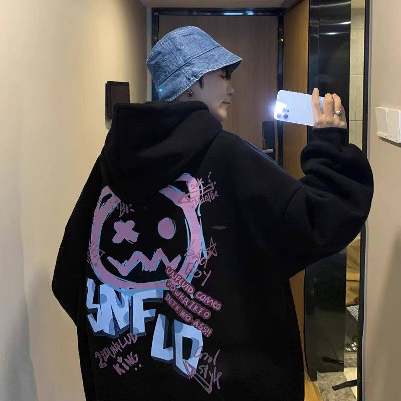 仓树一石美式高街连帽卫衣男春秋款休闲宽松袋鼠兜小熊套头衫加绒