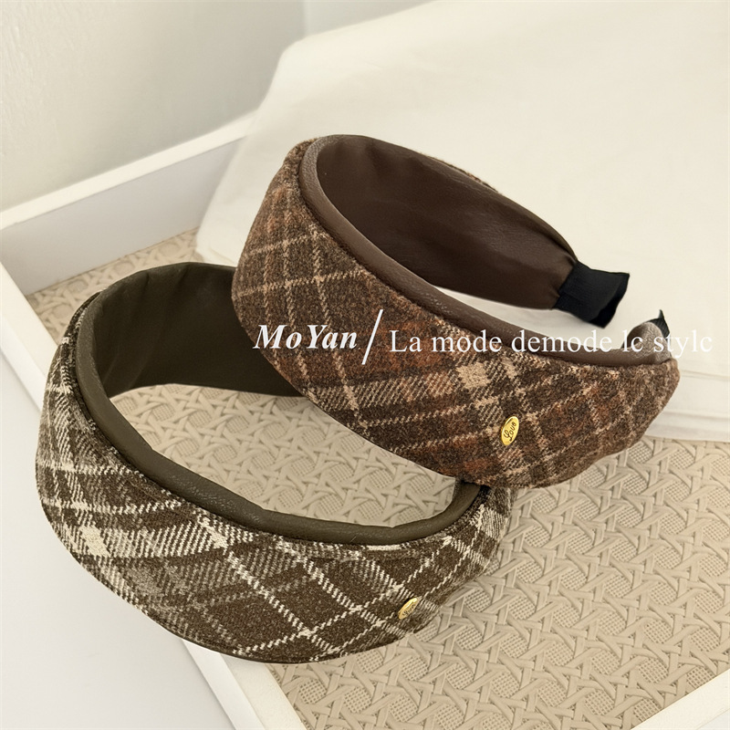 秋冬新款时尚双层叠加发箍高级感格纹头箍百搭复古气质宽边压发卡