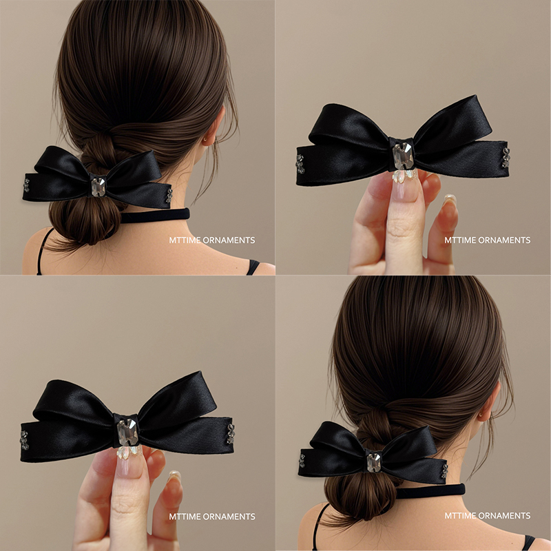 赫本黑色蝴蝶结发夹半扎发头饰侧边刘海夹小众高级感水晶弹簧夹子
