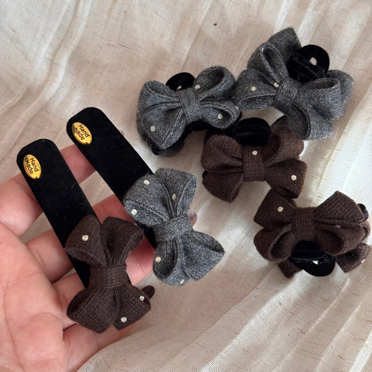 韩系秋冬蝴蝶结发夹波点金标毛线bb夹复古百搭气质刘海小抓夹发饰