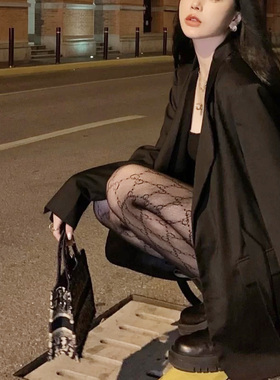 见男友双G超薄黑色3d雕空高级印花丝渔网袜女黑性感骚字母防勾丝