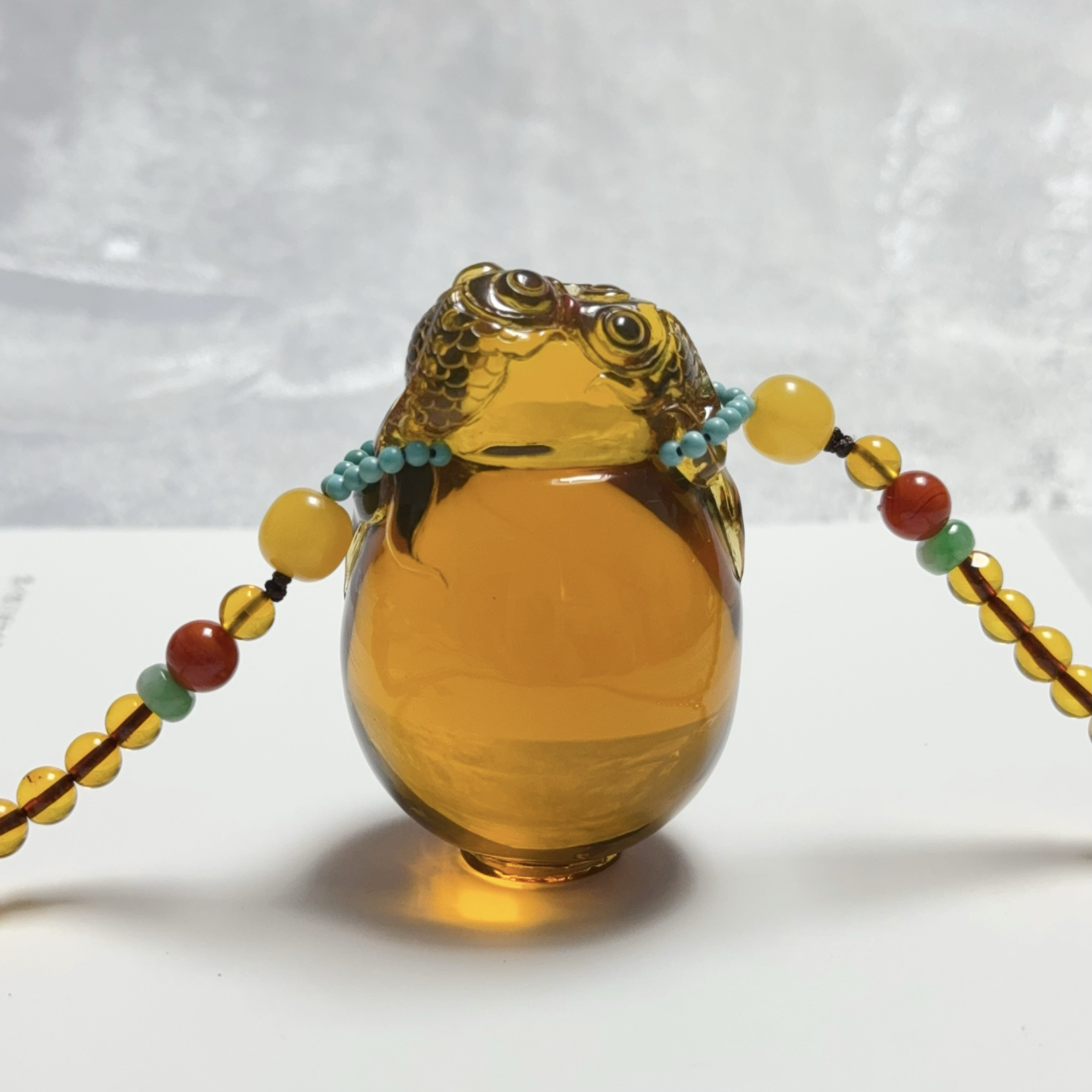 问石轩天然净水蓝珀年年有余宝瓶挂坠搭配金珀圆珠南红绿松石项链