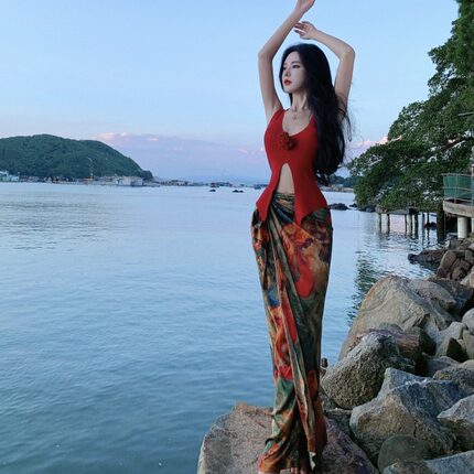 实拍法式度假风油画印花新中式缎面半身裙长裙一片式裹裙