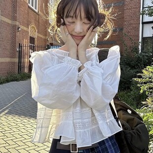 flett*韩国娃娃领长袖拼接花边衬衫女套头白色荷叶圆领棉质上衣
