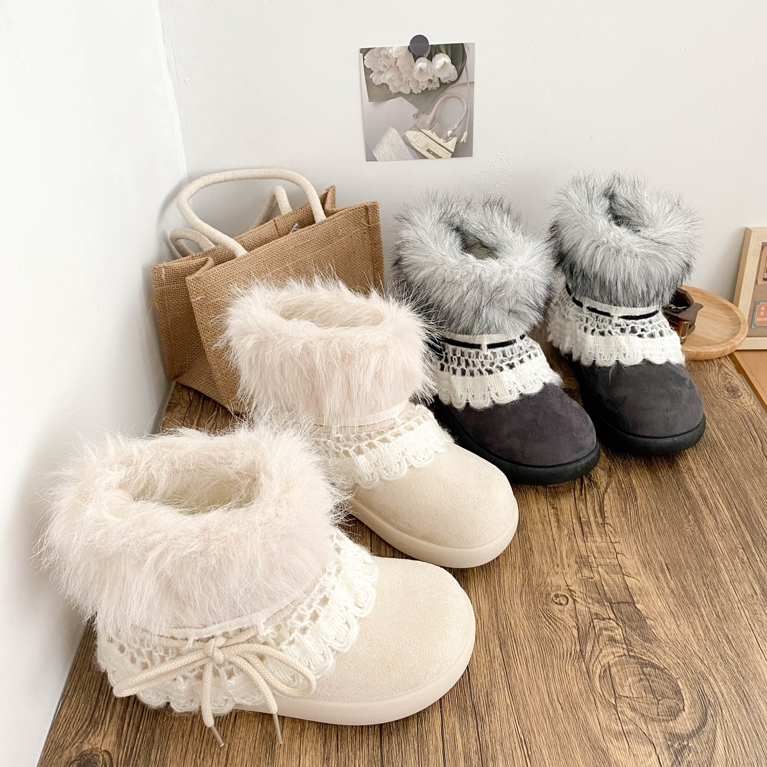 千禧风毛毛保暖雪地靴厚底棉靴女