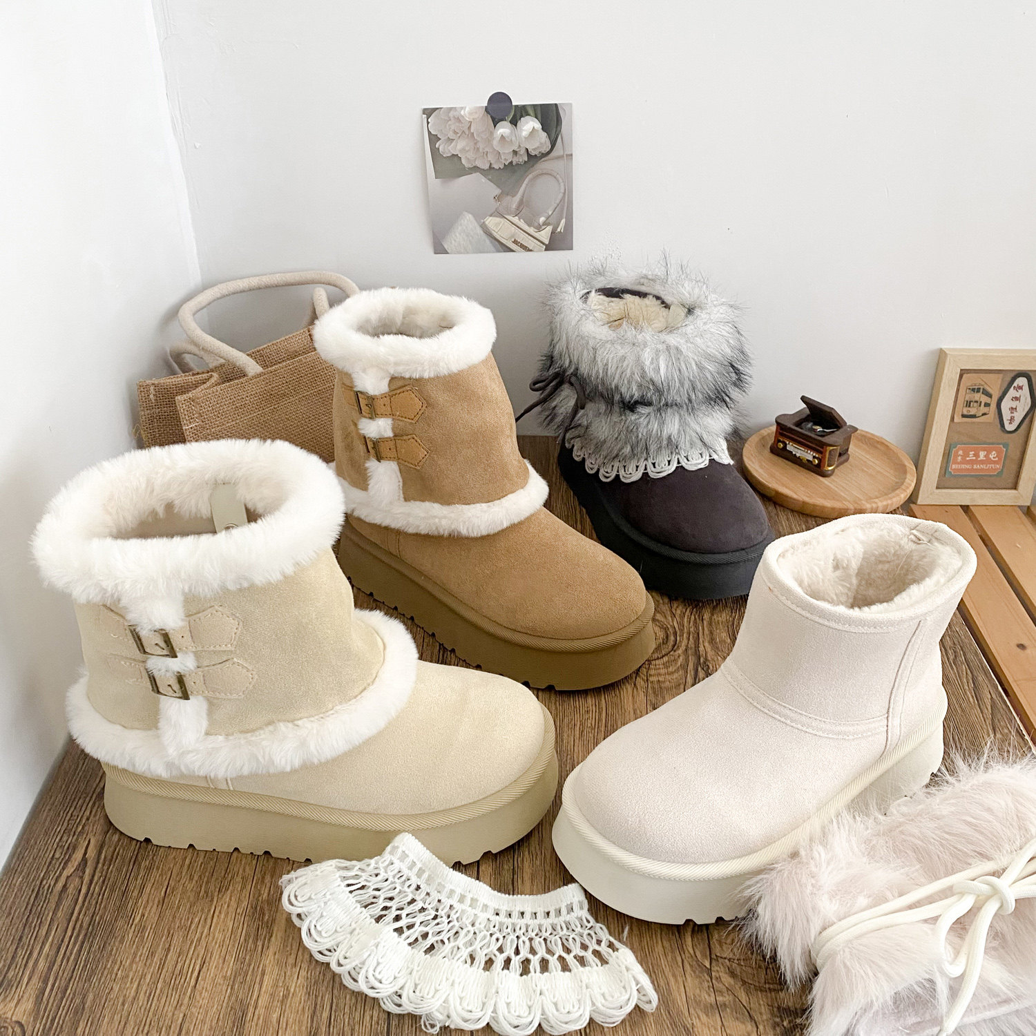 可拆卸圣诞帽毛毛保暖短靴雪地靴