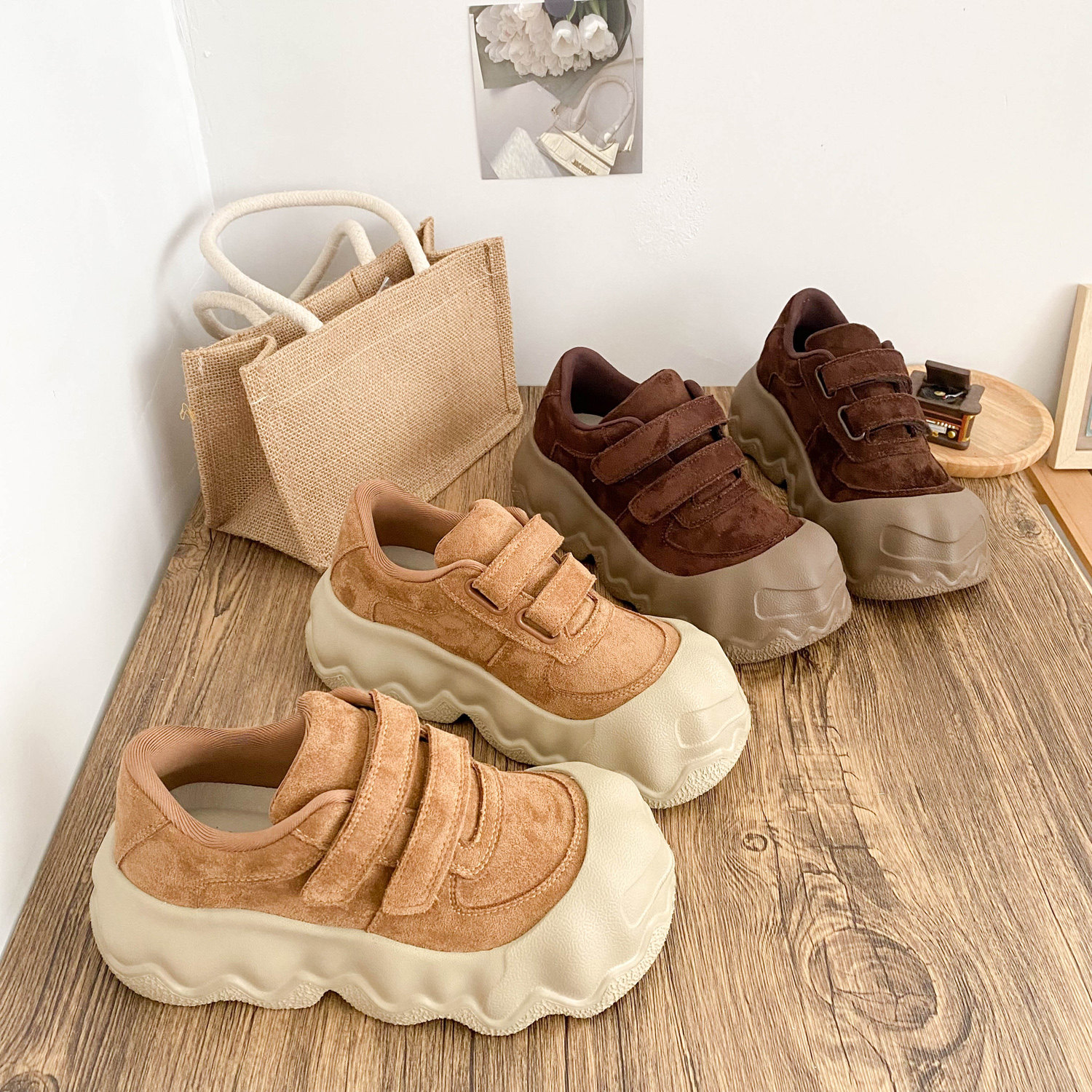 美拉德色复古丑萌魔术贴厚底大头鞋女2026春秋新款小众街拍面包鞋,女鞋,时尚休闲鞋,淘宝优惠券,粉丝福利购,淘宝优惠卷