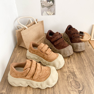 美拉德色复古丑萌魔术贴厚底大头鞋女2026春秋新款小众街拍面包鞋