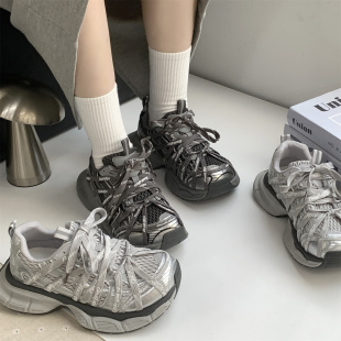 蜘蛛网厚底透气休闲运动鞋 小众个性 爆款 女2025秋季 绑带巴黎老爹鞋