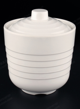 丰美密胺炖盅 蒸功夫蒸饭碗 仿瓷萨菜碗带盖螺纹汤盅抗摔白色B404