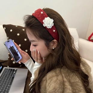 秋冬山茶花珍珠毛呢宽边发箍女高颅顶压发头箍气质百搭发卡发饰