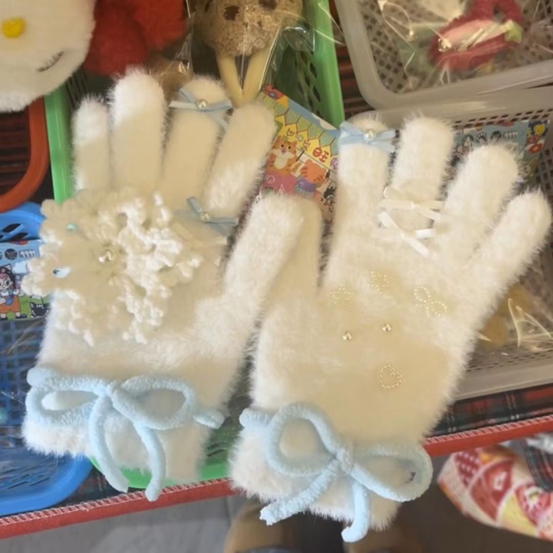 原创自制针织柔软的雪花少女浅蓝色蝴蝶结秋冬保暖可爱手套耳罩