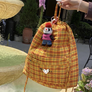 T家2025年新品Tanghulu珍珠亚克力抽绳黄格子双肩包女大容量背包
