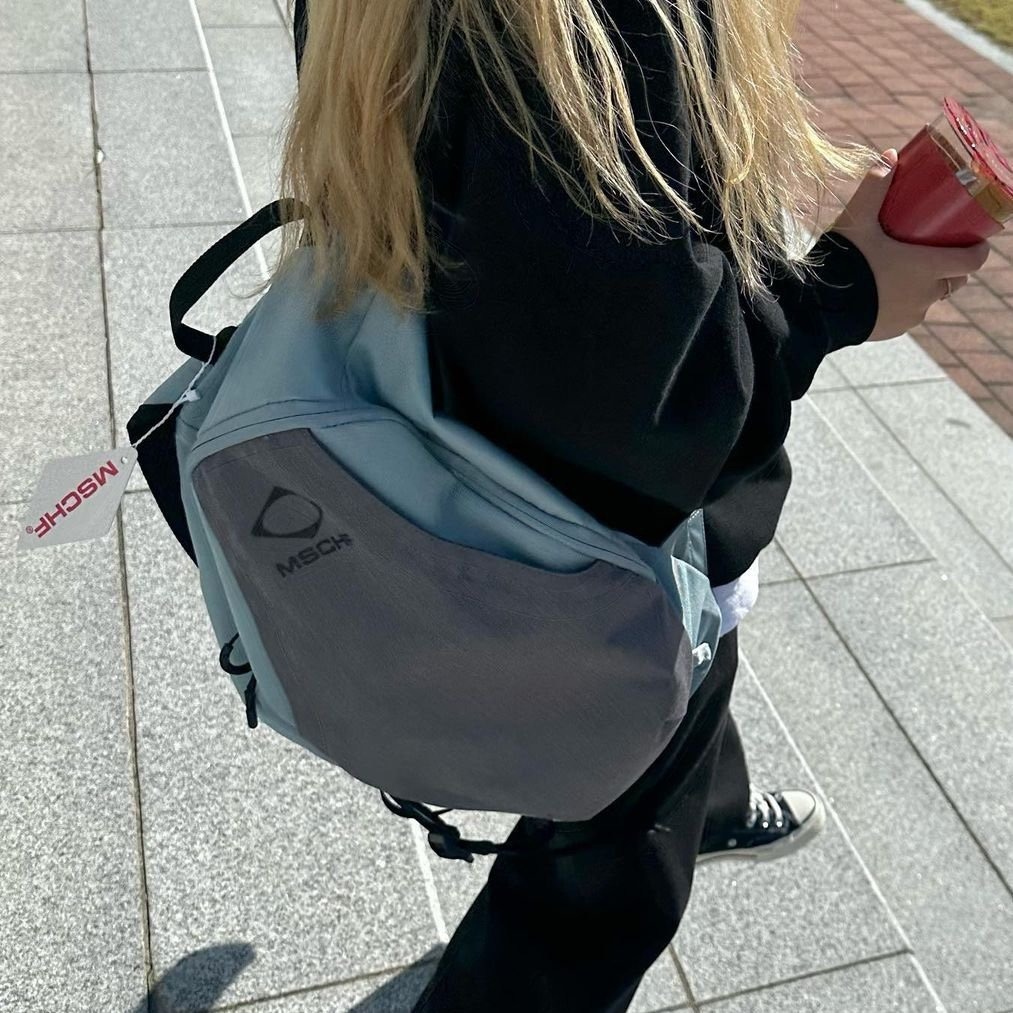 [REコンテナ] mschf韩版潮牌小众设计菱形撞色拼接休闲百搭双肩包