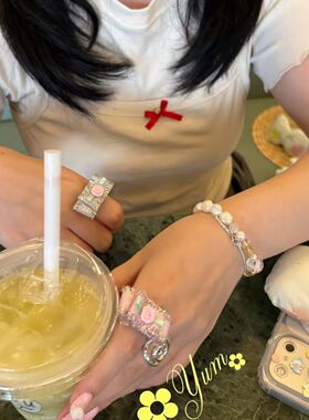 自制昭和银葱可爱复古花朵开口戒指甜美亚文化少女风开口指环