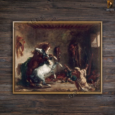 阿拉伯马在马厩中打斗 arab horses fighting in a stable 骏马画