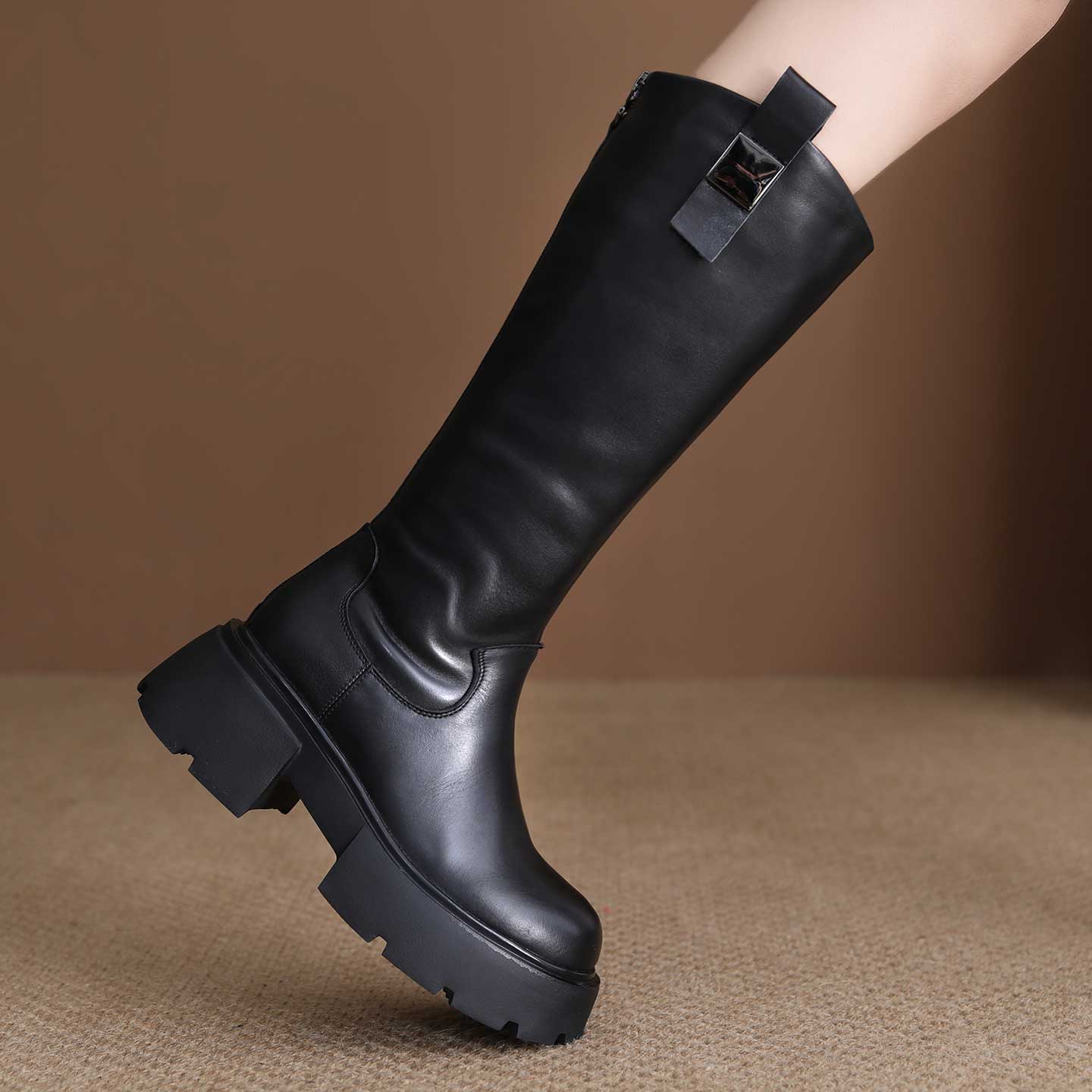 真皮骑士靴女2025冬季新款加绒保暖长靴复古百搭粗跟长筒马丁靴子