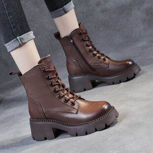 子真皮短靴 加绒加厚高帮鞋 小个子增高跟棕色马丁靴女款 英伦风冬季