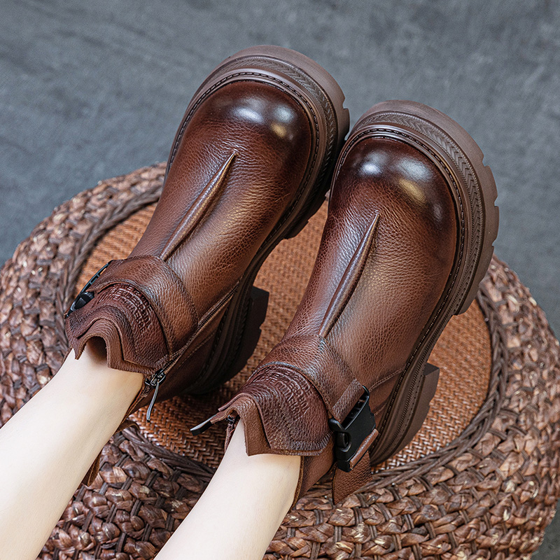 小个子显高真皮女士短靴子2025秋冬季新款真皮马丁靴厚底百搭复古