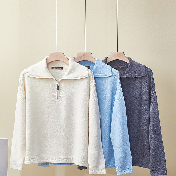 开领套头宽松纯色保暖长袖羊绒衫