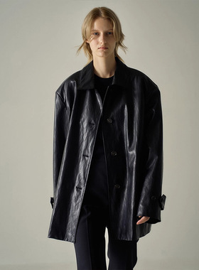 row小众皮衣春秋faca*e patte*n新款中长气质高级感翻领夹克外套