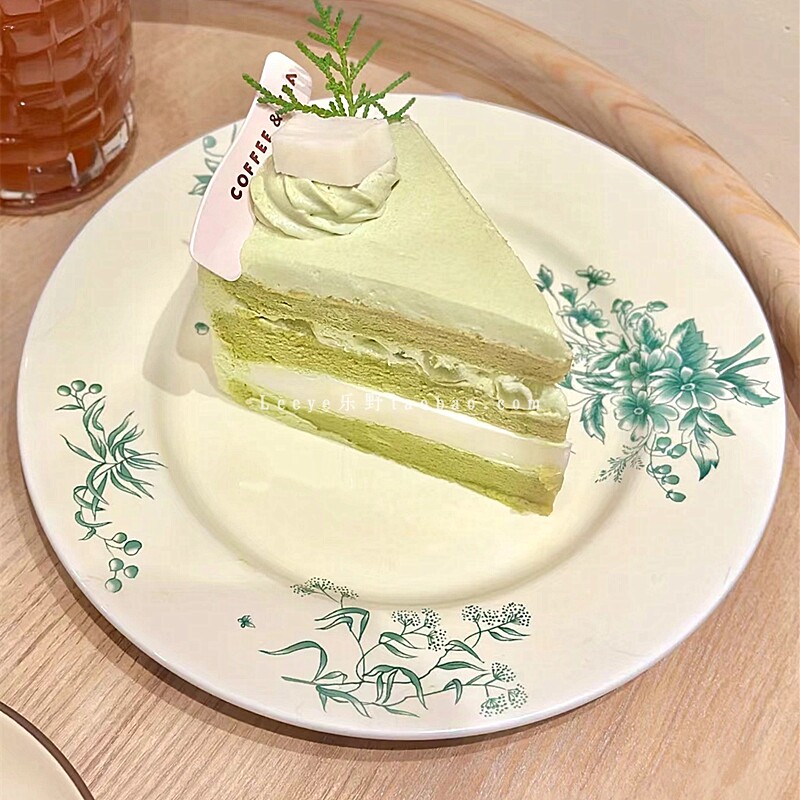 法式中古绿色花卉小鸟陶瓷盘