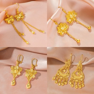 越南铜镀24k仿真黄金色沙金首饰气质水滴莲花流苏耳环女久不掉色