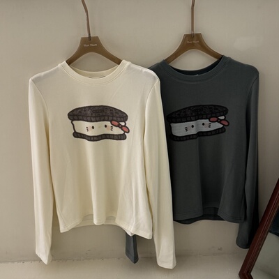 LOVE BUNNY秋季磨毛弹力汉堡Kitty印花长袖T恤