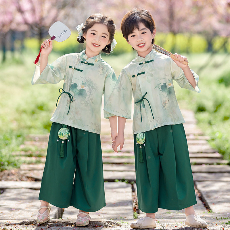 儿童汉服国风套装夏季新中式男童唐装女童古风裙子六一朗诵表演服