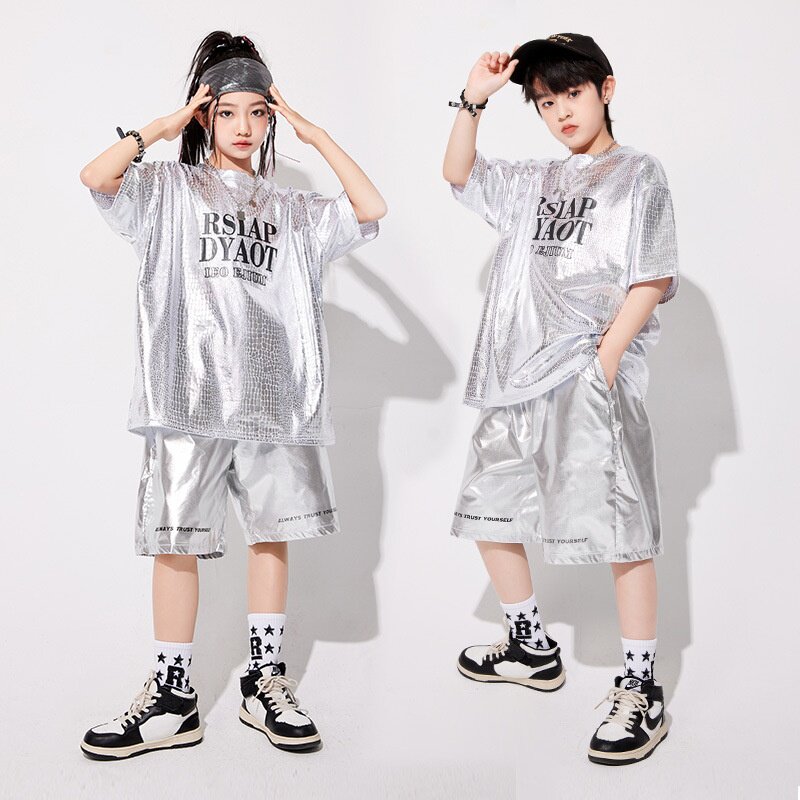 儿童街舞潮服架子鼓服装女童爵士舞嘻哈套装男童银色亮皮表演潮服