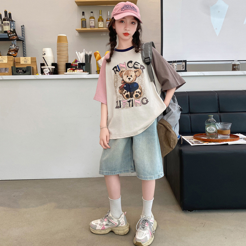 女童夏季套装2025洋气新款中大童夏装短袖牛仔短裤中裤休闲