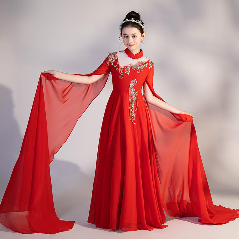 儿童古筝演出服民乐弹古筝表演服大童中国风旗袍女童艺考礼服红色图片