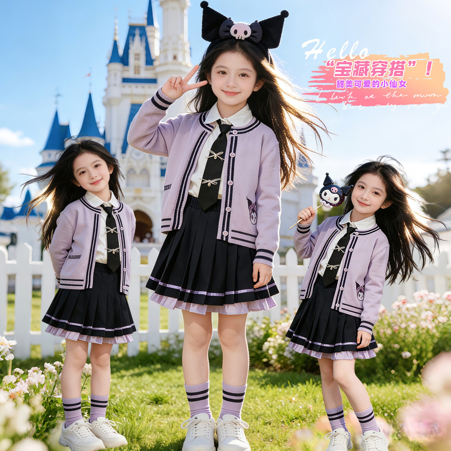 女童库洛米学院风演出服春秋儿童毛衣衬衫裙子三件套表演cos服装