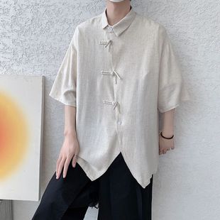 棉麻短袖 薄款 漢服男中國風(fēng)夏季 寬松大碼 亞麻半袖 襯衫 復(fù)古唐裝