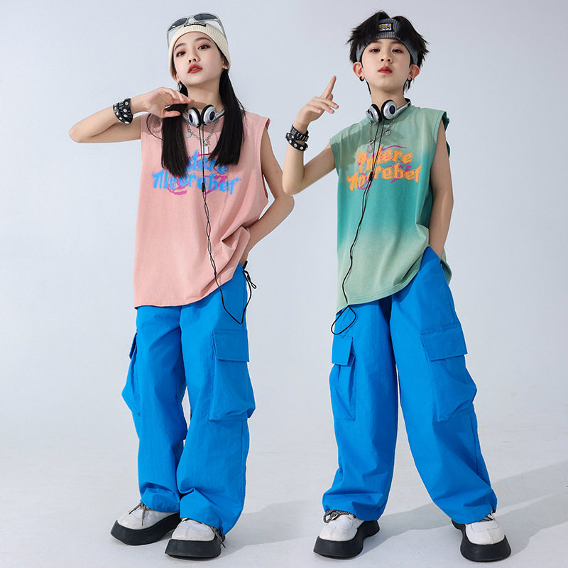 街舞儿童潮服夏女童爵士舞服装男童嘻哈表演服套装帅气背心演出服