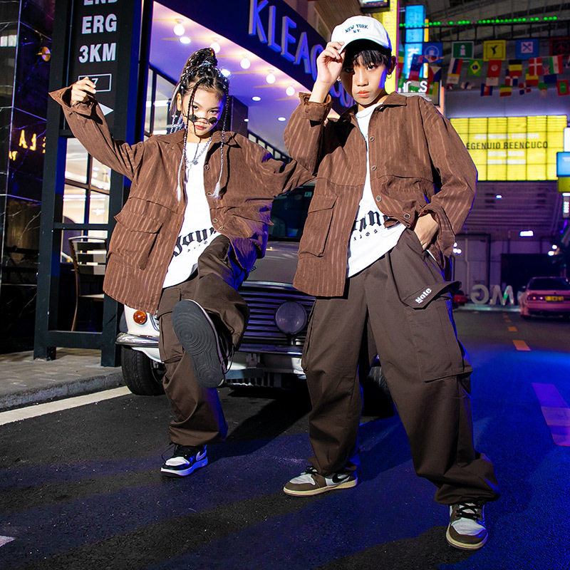 街舞儿童潮服嘻哈演出服秋冬男童衬衫套装女hiphop炸街童装表演服